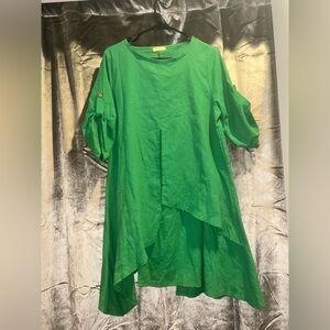 Nanako brand avant gard green linen dress with button-up sleeves